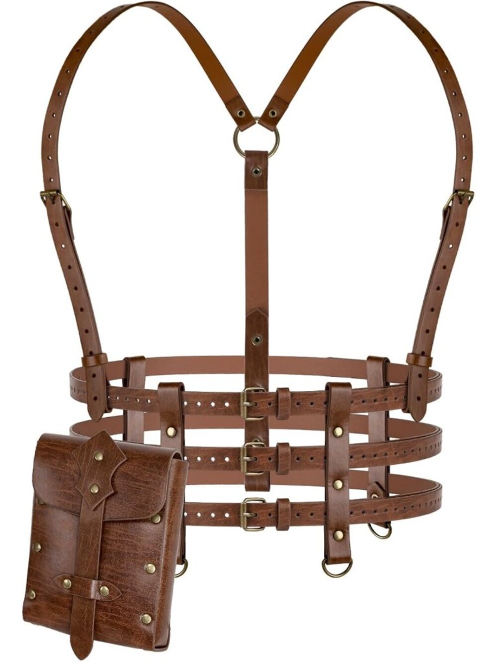 2PC Punk Faux Leather Harness Waist Belt & Studded Bag - Gothic Rave Cosplay